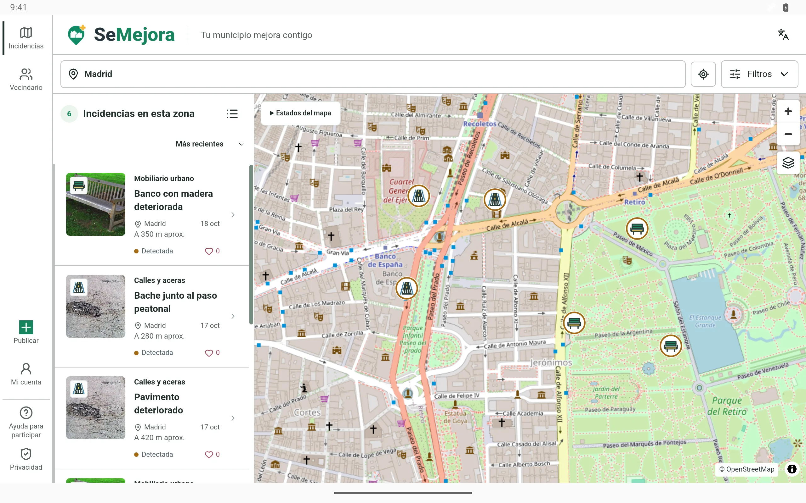 Ejemplo de la app de SeMejora con avisos ficticios de Madrid.